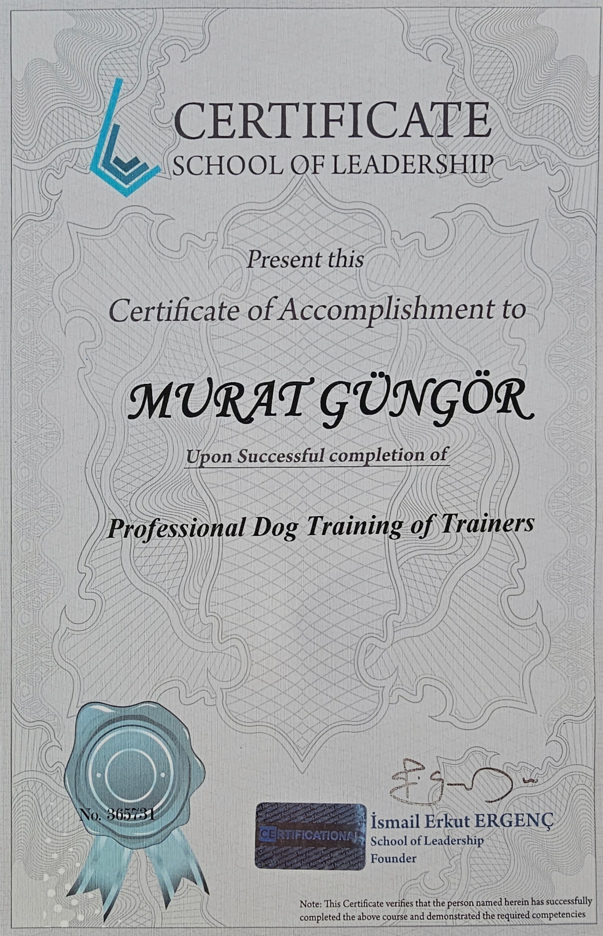 Murat Güngör Professional Dog Training of Trainers Sertifikası
