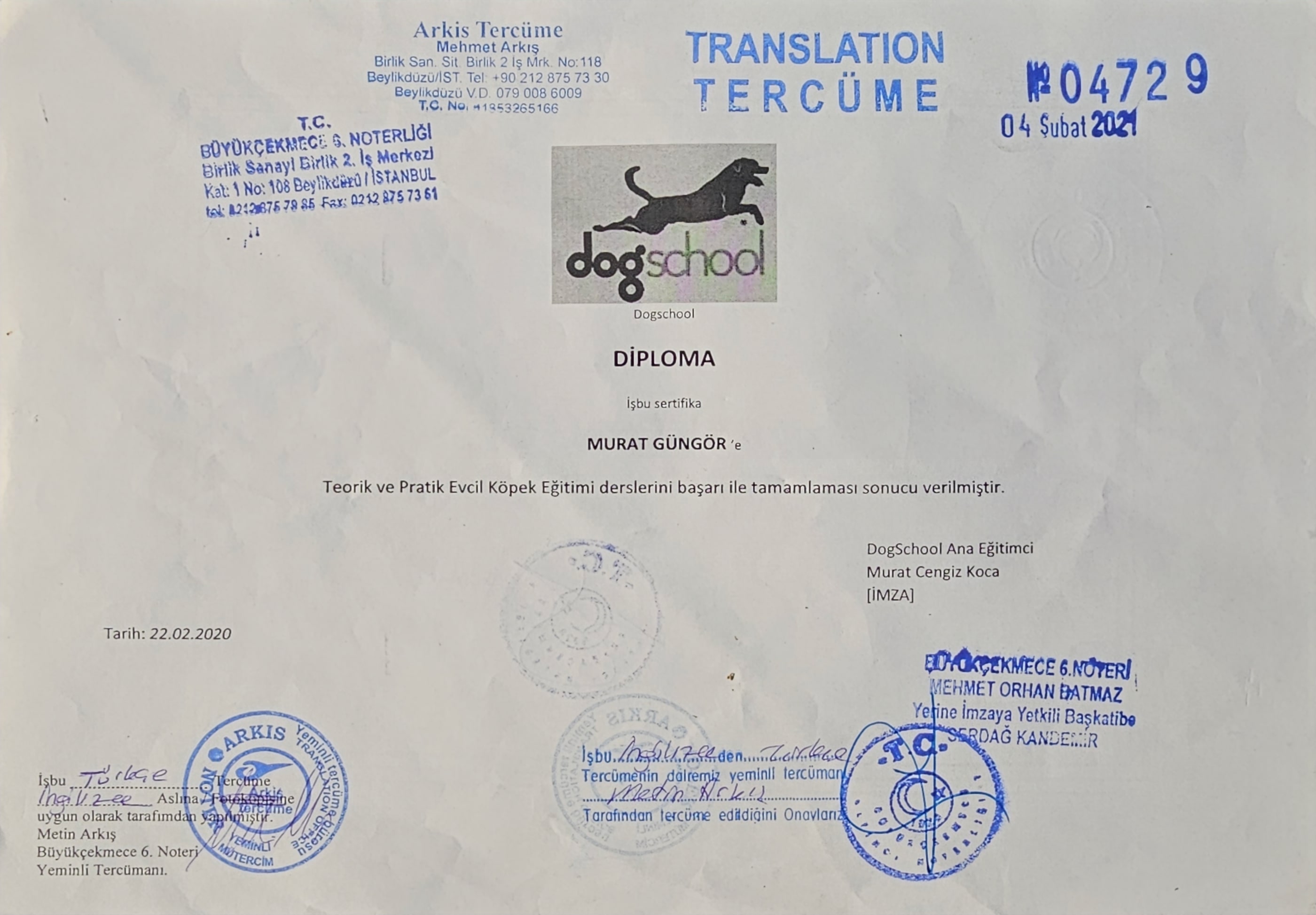 DogSchool Murat Güngör Evcil Köpek Eğitimi Noter Tercüme Belgesi