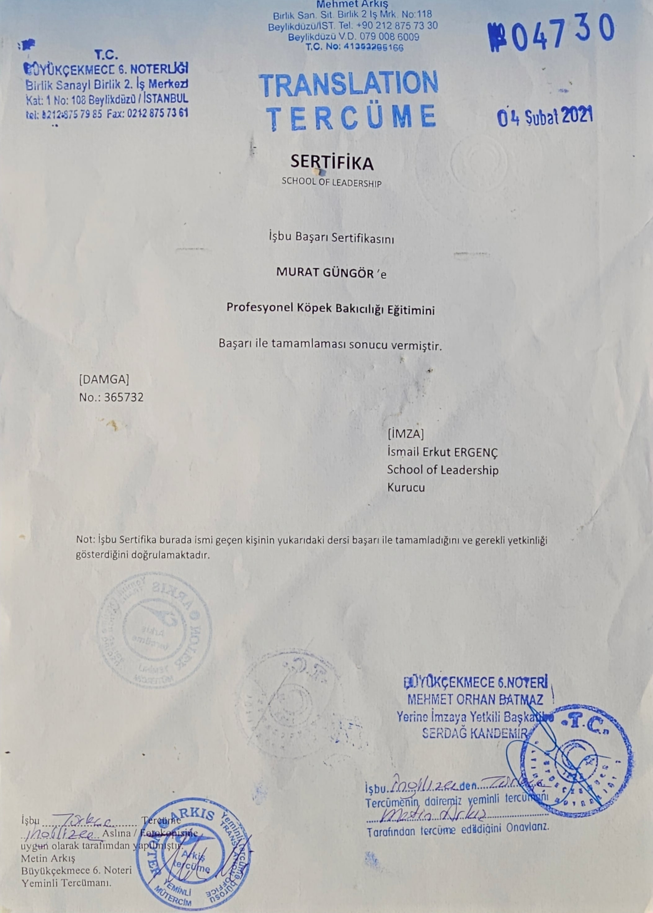 Murat Güngör Profesyonel Köpek Bakıcılığı Noter Tercüme Belgesi