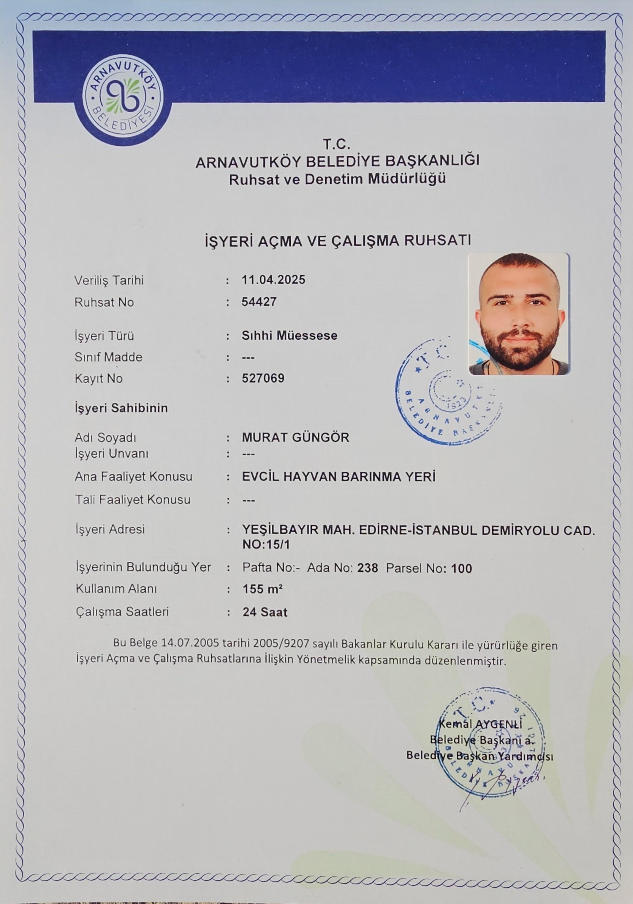 Arnavutköy Belediyesi Murat Güngör işyeri açma ve çalışma ruhsatı