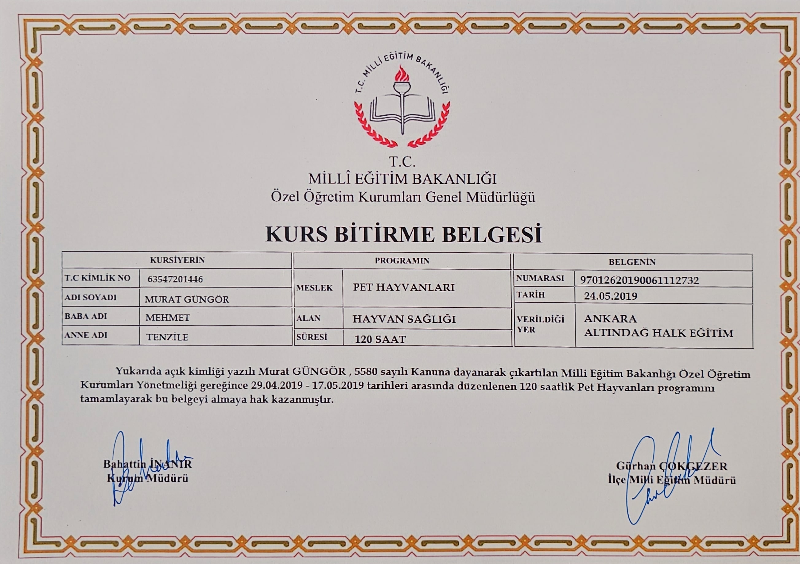 Milli Eğitim Bakanlığı Murat Güngör Pet Hayvanları Kurs Bitirme Belgesi