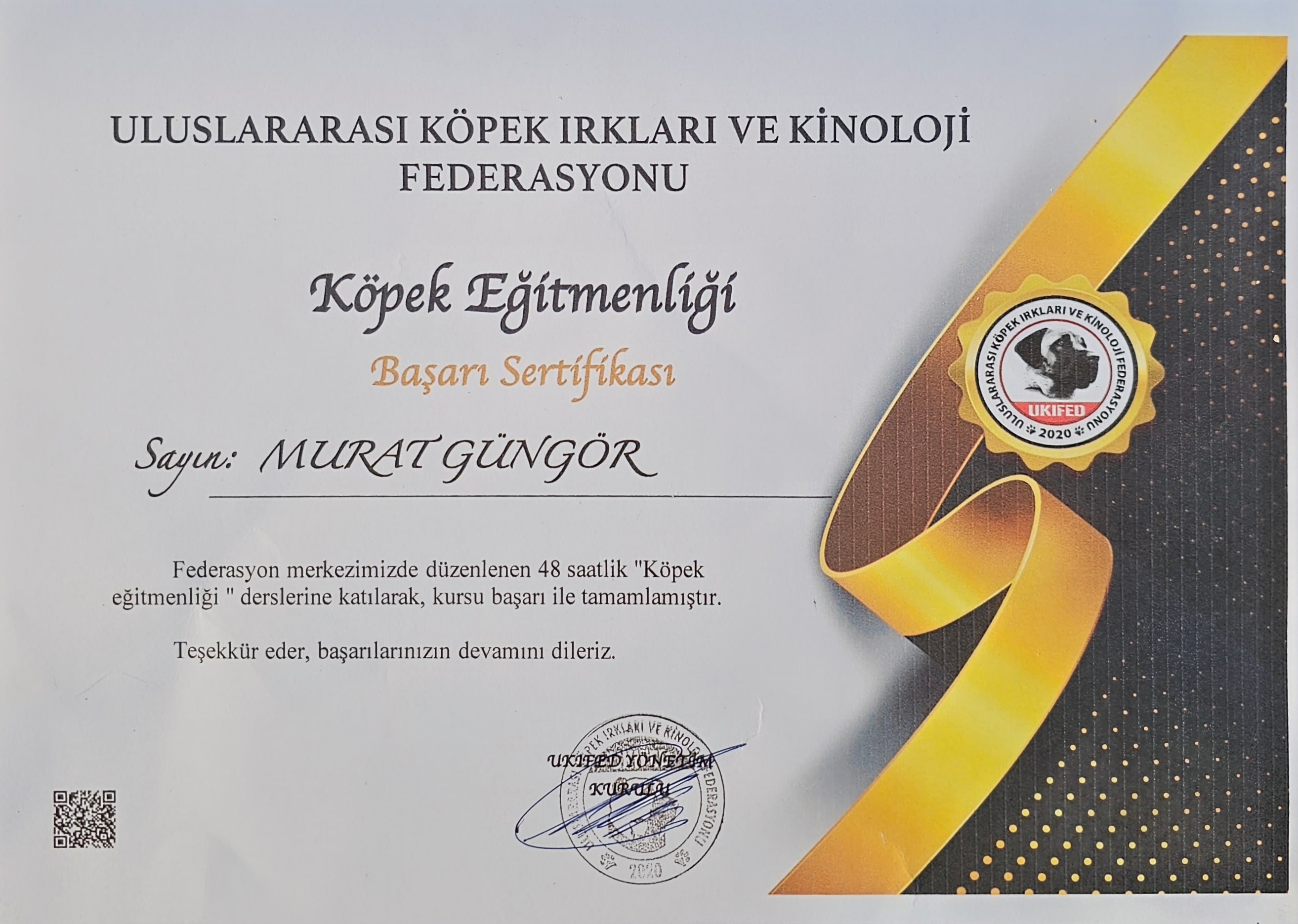 UKIFED Murat Güngör Köpek Eğitmenliği Başarı Sertifikası