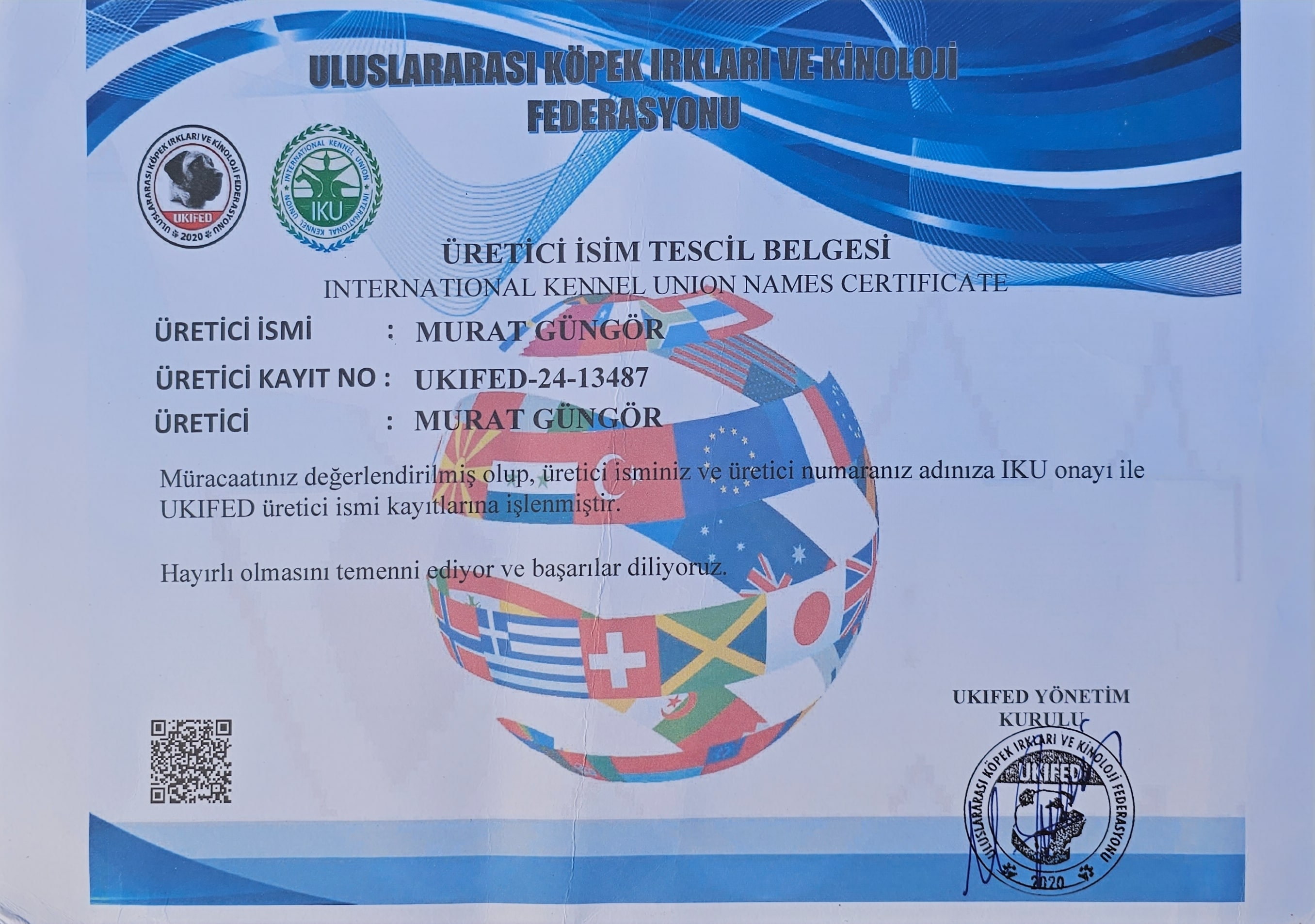 UKIFED Murat Güngör Üretici İsim Tescil Belgesi