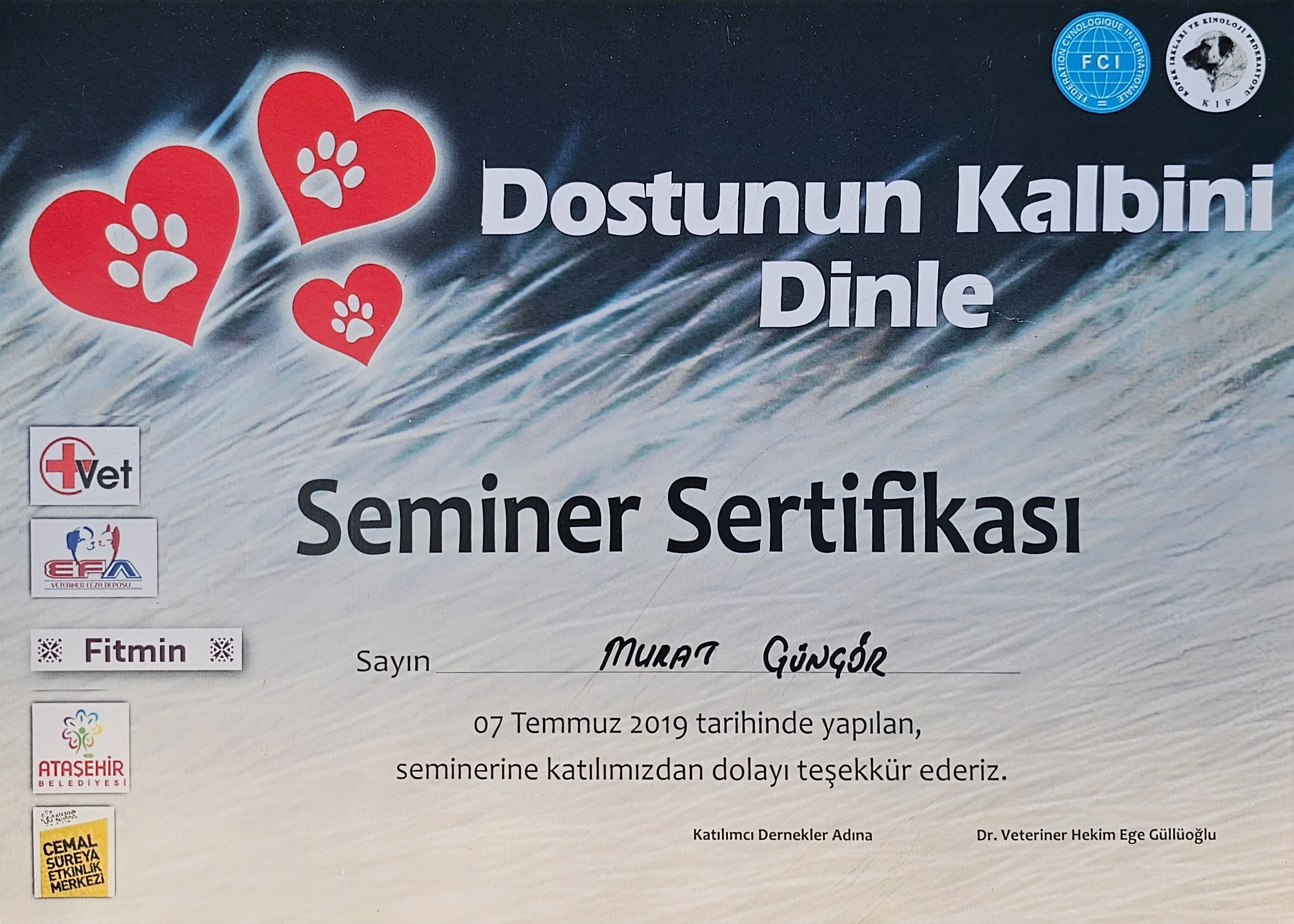 Murat Güngör Dostunun Kalbini Dinle Seminer Sertifikası